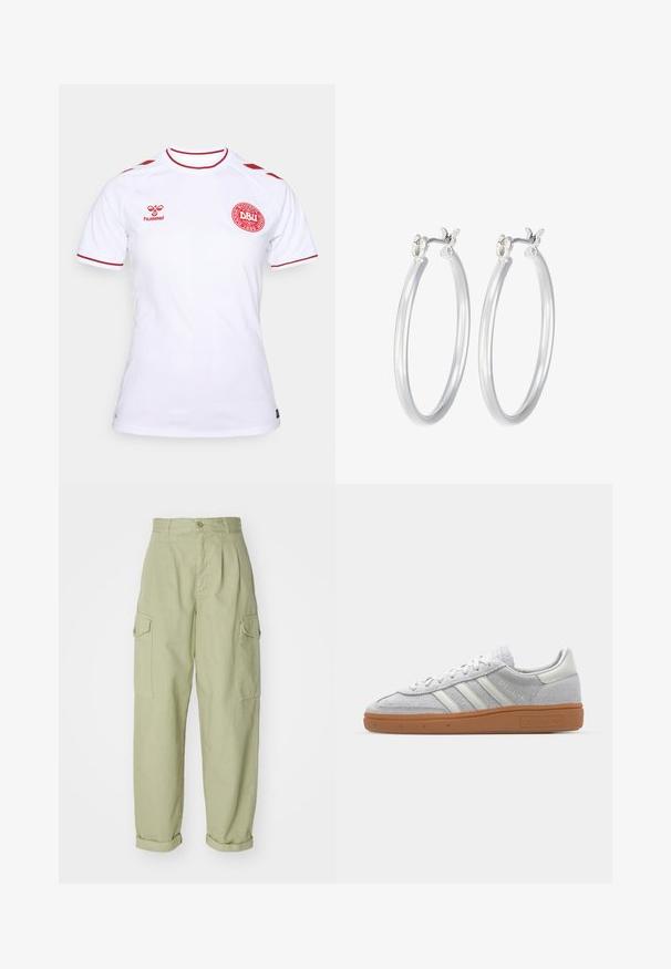 Valge lühikeste varrukatega spordisärk punase äärisega, punase Hummeli logoga paremal rinnal ja punase Dansk Boldspil-Union embleemiga vasakul rinnal.; Heledad rohelised cargo püksid, valmistatud puuvillakangast. Omavad kõrget talje, volditud pahkluup, ja kahte külgpoket lisafunktsionaalsuse jaoks.; Heledad hallhall kreemikas nähtav dress särk valgete nahka elementidega, kolm valget triipu ja pruun kummikreen, millel on mugavuse tagamiseks pehmendusega kaelus.; Hõbedased rõngaskõrvarõngad, millel on sile, läikiv viimistlus. Ümmargune kuju ja turvaline klõpsulatus. Kerge disain, sobib igapäevaseks kandmiseks.