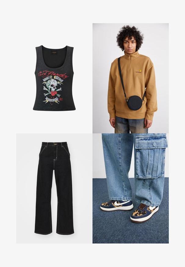 Svart ärmlös linne med en djärv grafik av skalle och korslagda ben med ett hjärta, flerfärgade accenter och texten "Kärleken dör hårt".; Svarta vida jeans i denim, med kontrasterande vit sömnad och framknäppning, samt två snedställda framfickor.; Marinblå sneakers med leopardmönstrade detaljer, vit Nike-logga, bruna skosnören och vit mellansula. Matchas med lätta denim cargo-byxor.; Brun fleece-tröja med kvartsdubbelt blixtlås och broderad logotyp, i kombination med en svart rund crossbody-väska med dragkedja och logotypdetalj, bärs över jeans.