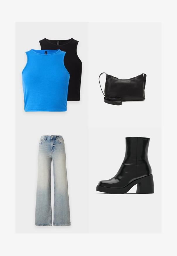 Zwei figurbetonte, ärmellose Croptops – eines aus geripptem blauen Stoff, das andere aus geripptem schwarzen Stoff. Beide haben einen runden Ausschnitt und eine glatte Textur.; Hellblaue weit geschnittene Jeans aus Denim, mit hoher Taille, fünf Taschen und sichtbaren Nähten entlang der Säume.; Schwarze Stiefeletten mit glänzender Oberfläche, quadratischer Zehenpartie und dicker Blockabsatz. Das Design zeichnet sich durch eine nahtlose Silhouette und minimalistische Markenkennzeichnung aus.; Schwarze Ledertasche für die Schulter mit glatter Textur, geschwungener Form, verstellbarem Tragegurt und Reißverschluss. Minimalistisches Design ohne Verzierungen.