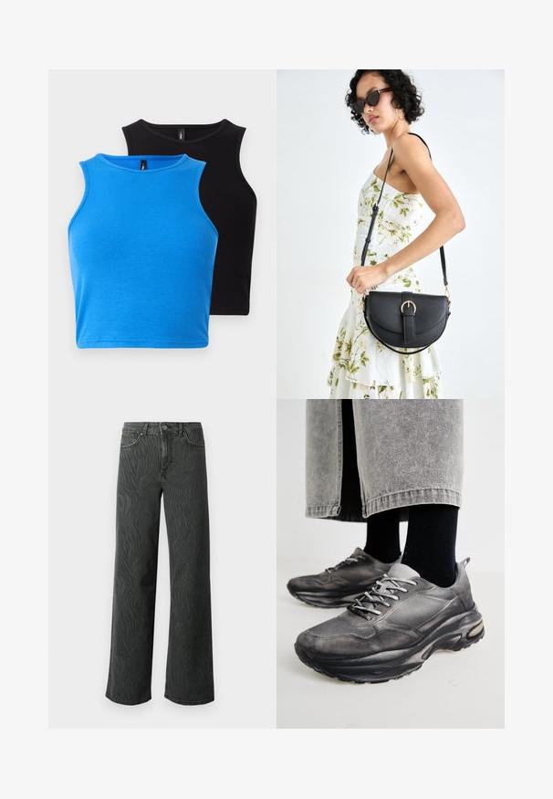 Duas blusas cropped justas, sem mangas—uma em tecido canelado azul, a outra em preto canelado. Ambas apresentam decotes redondos e uma textura suave.; Calças de perna larga em denim cinza escuro, apresentando uma textura sutil de padrão zebra, costura em contraste e um design de cinco bolsos com fecho de botão.; Sapatilhas atléticas pretas e cinzentas apresentam um upper em malha, solas espessas e atacadores. Têm um bico arredondado e detalhes de amortecimento visíveis.; Bolsa de couro preta com forma curva, alça destacável e detalhes em dourado. A bolsa possui uma aba com detalhe de fivela.