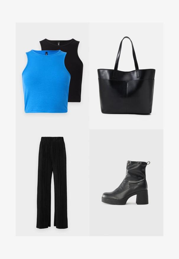 Kaksi istuvaa, hihattomaa toppia - toinen on ribbitekstiilistä valmistettu sininen ja toinen musta. Molemmissa on pyöreä kaula-aukko ja sileä pinta.; Mustat pleatatut housut, joissa on joustava vyötärö. Ominaisuuksiin kuuluvat leveät lahkeet ja sileä, teksturoitu kangas, jossa on pystysuoria raitoja.; Mustat nilkkurit, jotka on valmistettu sileästä nahasta. Niissä on sivuvetoketju, paksu teksturoitu korko ja pyöristetty kärki.; Musta nahkainen kassi, jossa on kaksi pitkää kahvaa, sileä pinta ja jämäkkä muoto. Sisältää etutaskun lisävarastointia varten.