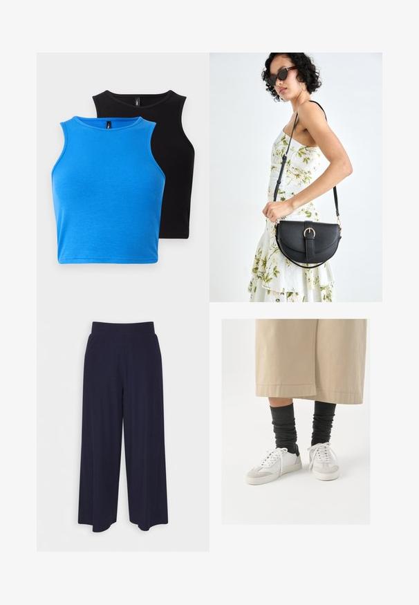 Kaks sobivat, varrukateta lühikesed topid - üks ribakujulises sinises kangas ja teine ribakujulises mustas. Mõlemal on ümardatud kaelus ja sujuv tekstuur.; Tumed põlvpüksid tumedast meresinisest kangast, millel on sooneline tekstuur. Omab sujuvat vööd ja voolavat siluetti, ulatudes pooleni säärest.; Valged ja hallid tennised musta kannaaktsendiga, millel on sile nahkpealis ja tekstuuriga sametine varvas. Kanda tumedate hallide viltuste sokkidega.; Mustmust mustraha kõverate joontega, eemaldatava rihmaga ja kuldsete detailidega. Kotil on klapp, millel on pandladetail.