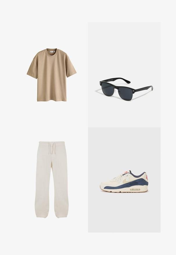 Lyhythihainen t-paita vaaleanruskeana, pehmeästä kankaasta valmistettu, jossa on pyöreä kaula-aukko ja rento leikkaus ilman näkyviä kuvioita tai yksityiskohtia.; Vaaleanbeige pellavahousut, joissa on joustava vyötärö ja kiristysnyöri. Suora lahje, jossa on sileä pinta ja pieni kapeneminen nilkoissa.; Tennarit, joissa on kermanvärinen nahka ja merimiessininen mokka päällinen, näkyvällä ilmasoolalla, beige kumipohja ja punainen yksityiskohta kantapäässä.; Mustat aurinkolasit, joilla on suorakulmainen muoto, tummat linssit, hopeiset yksityiskohdat temppeleissä ja matta pinta kehykset.