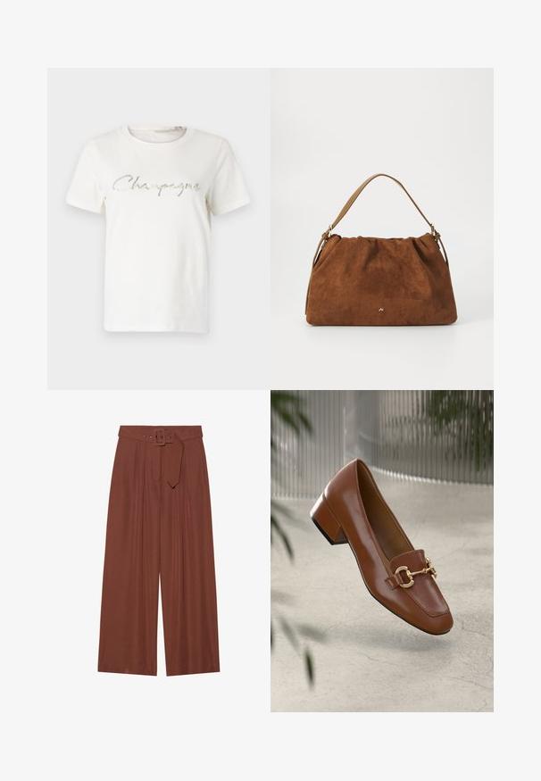White cotton t-shirt featuring a silver glitter graphic that reads "Champagne" in a cursive font. Short sleeves, crew neckline.; Wide-leg trousers in brown fabric, featuring a belt with a square buckle, pleated design, and smooth texture.; Brown patent leather loafer with square toe, metallic chain accent, and low block heel; smooth texture, minimalist design.; Brown suede handbag with a gathered design, featuring a single tan leather strap and a subtle gold logo detail on the front.