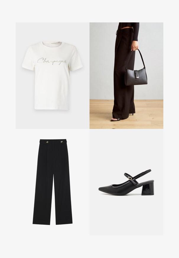 Bijela pamučna majica s grafikom od srebrnog sjaja koja prikazuje riječ "Champagne" u kurzivnom fontu. Kratki rukavi, okrugli izrez.; Crne hlače širokih nogavica s visokim strukom, s dugmadi na pojasu i prednjim nabora.; Crne lakirane slingback visoke potpetice s šiljastim vrhom, zaobljenim izrezom i blok potpeticom. Sadrži akcent zlatnog tona s kopčom.; Crna torba s oblikom koji sadrži strukturu, glađu teksturu i metalnu kopču. Uparena s širokim crnim hlačama i sandalama na otvorenom s drvenog poda.