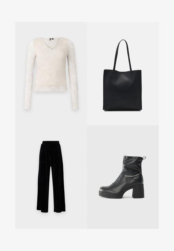 Top de manga longa, em V, na cor bege com padrão de renda floral. Corpo suave e mangas transparentes, apresentando delicados detalhes texturizados.; Calças largas pretas feitas de veludo suave, com um cós elástico e uma textura lisa, sem detalhes ou padrões visíveis.; Botas de tornozelo pretas feitas de couro liso, com fecho lateral, salto grosso texturizado e design de bico arredondado.; Bolsa tote preta em couro com textura lisa, forma retangular e duas alças longas. Sem hardware ou enfeites visíveis.