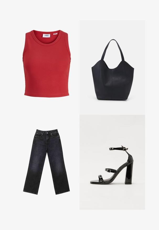 Červený žebrovaný bezrukávový crop top s kulatým výstřihem a šitým lemem. Uvnitř límce se nachází štítek s nálepkou. Měkká texturovaná látka.; Černé džíny s vysokým pasem a širokým střihem, pět kapsami a viditelným švem. Materiál má hladký, mírně strukturovaný povrch.; Černé lakované sandály na podpatku se čtveratou špičkou, lýtkovými pásky a stříbrnými přezkami. Disponují masivním blokovým podpatkem pro stabilitu.; Černá taška přes rameno vyrobená z hladké kůže, s zakřiveným, otevřeným vrchem a dvěma ramenními popruhy, s minimalistickým designem.