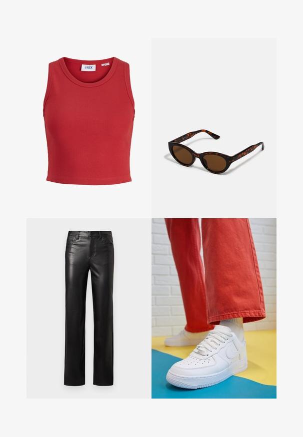 Červený rebrovaný top bez rukávov s okrúhlym výstrihom a prešitým lemom. Obsahuje štítok s označením vo vnútri goliera. Mäkkaný, štruktúrovaný materiál.; Čierne kožené nohavice so štandardným strihom, s uzáverom na gombík a prednými vreckami. Hladký povrch s jemnými detailmi šitia.; Biele kožené tenisky s perforovanou špičkou, textúrovanou podrážkou a bielymi šnúrkami, spárované so širokými červenými nohavicami na modrom a žltom pozadí.; Hnedé slnečné okuliare v štýle tortoiseshell s vintage cat-eye tvarom a hnedými sklami. Majú zakrivené ramienka s červenými akcentmi.