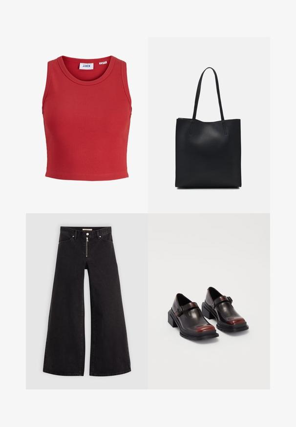 Punainen ribbikuvioinen ilman hihoja crop-top, jossa on pyöreä pääntie ja ommeltu helma. Sisällä kauluksessa on lapputunnus. Pehmeä, teksturoitu kangas.; Mustat leveälahkeiset farkut, joissa on vetoketjufrunti, viisi-taskuinen muotoilu ja hienovaraiset ompelusyyt. Sileä pinta ja rento tyyli.; Nahkakengät, joissa on paksut kantapää ja kiiltävä tumman burgundin sävy, varustettu solkivyöllä ja pyöreällä kärjellä. Kuosisuojalla varustettu pohja, joka tarjoaa pitoa.; Mustapahkainen kangaskassi, jossa on sileä pinta, suorakaiteen muotoinen ja kaksi pitkää kahvaa. Ei näkyvää metalliosaa tai koristeita.