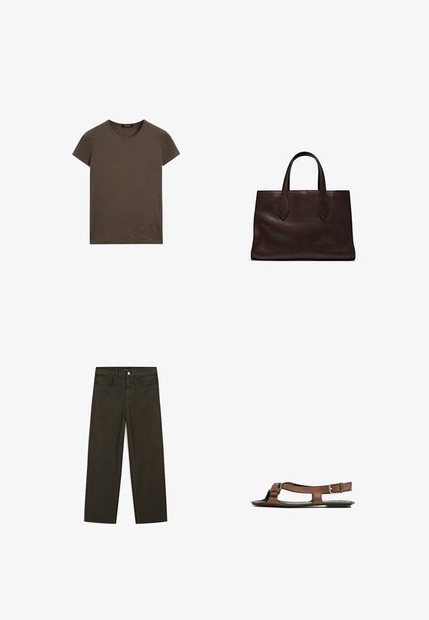 Brown short-sleeve t-shirt made of smooth fabric, featuring a round neckline and a regular fit, with no additional patterns or accents.; Dark green wide-leg jeans made of cotton blend, featuring a front button closure, five pockets, and classic denim stitching.; Brown leather sandal with an open toe and side cutouts. Features an ankle strap with a metal buckle and a flat sole.; Brown leather tote bag with two elongated handles, structured rectangular shape, smooth texture, and subtle stitching details.