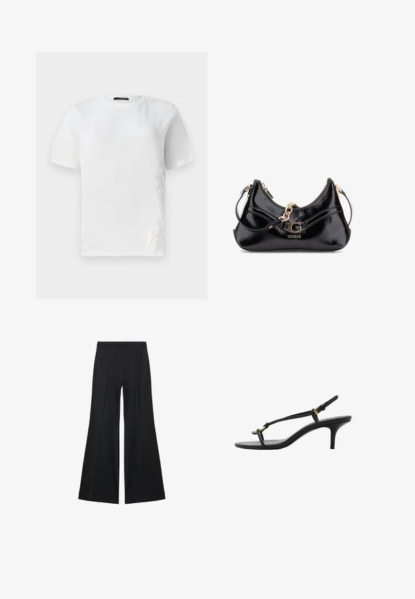 White cotton t-shirt with short sleeves, round neckline, and decorative lace embroidery on the left side. Smooth texture, casual design.; Black wide-leg pants with a smooth texture, featuring front pleats and a tailored design. The fabric is lightweight and flowy.; Black leather kitten heel sandal with thin straps, gold buckle, and minimalist toe loop on a white background.; Black patent leather bag featuring a curved design, gold hardware accents, and a prominent logo. Includes a removable shoulder strap.