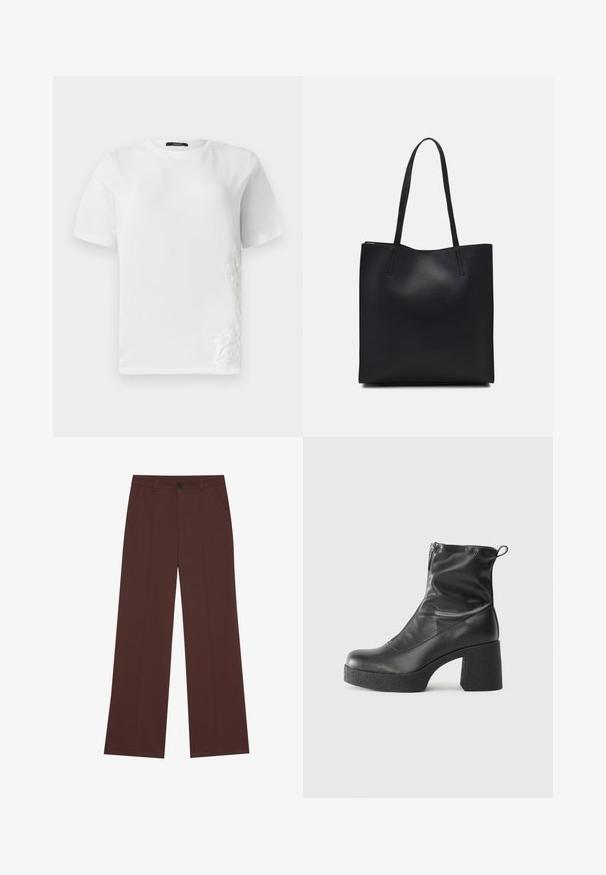 Valkoinen puuvillapaita, jossa on lyhyet hihat, pyöreä pääntie ja koristeellinen pitsivuoraus vasemmalla puolella. Sileä rakenne, rento muotoilu.; Housut, joissa on leveät lahkeet, valmistettu rikkaasta ruskeasta kankaasta. Ominaisuuksiin kuuluu nappisulku, kaksi etutaskua, sileä pinta ja siistit linjat.; Mustat nilkkurit, jotka on valmistettu sileästä nahasta. Niissä on sivuvetoketju, paksu teksturoitu korko ja pyöristetty kärki.; Mustapahkainen kangaskassi, jossa on sileä pinta, suorakaiteen muotoinen ja kaksi pitkää kahvaa. Ei näkyvää metalliosaa tai koristeita.