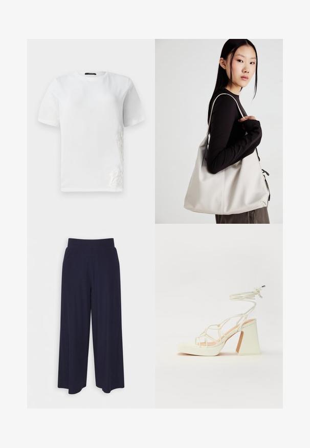 Balts kokvilnas T-krekls ar īsām piedurknēm, apaļu izgriezumu un dekoratīvu mežģīņu izšuvumu kreisajā pusē. Gluda tekstūra, ikdienišķs dizains.; Platas kājas bikses tumši zilā audumā ar svītrainu tekstūru. Aprīkotas ar gludu jostasvietu un plūstošu siluetu, sasniedzot vidus teļus.; Baltas augstpapēžu sandales ar masīvu papēdi, ar siksnu dizainu un potītes saistītiem elementiem. Gluda tekstūra ar platformu priekšpusē, lai nodrošinātu papildu augstumu.; Bežs rokassoma, izgatavota no mīksta materiāla, ar brīvu dizainu, izšūtu apdari un divām plecu siksnām. Piemērota ikdienas lietošanai.