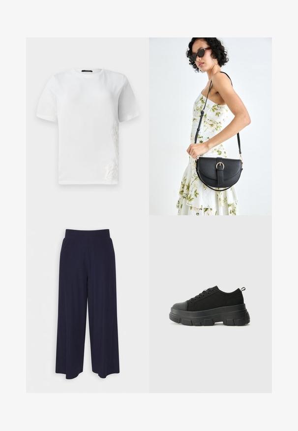 Tricou din bumbac alb cu mâneci scurte, decolteu rotund și broderie din dantelă decorativă pe partea stângă. Textură netedă, design casual.; Pantaloni cu croi larg din țesătură de culoare bleumarin închis, cu un model texturat. Prezintă un brâu neted și o siluetă fluidă, ajungând până la jumătatea gambei.; Adidași negri cu talpă groasă din cauciuc, superior din material texturat, bot rotund și design cu șireturi. Include gauri întărite pentru șireturi și o buclă pe spate.; Geantă din piele neagră, cu o formă curbată, curea detașabilă și accesorii aurii. Geanta are un capac cu un detaliu tip cataramă.