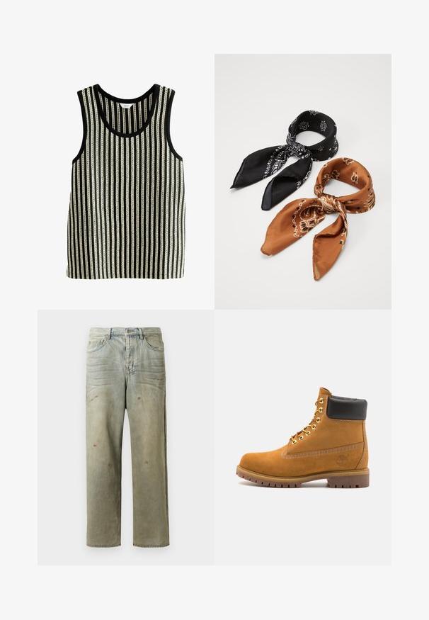 Schwarzes und weißes gestreiftes Tanktop mit Rundhalsausschnitt und ärmellosem Design. Die Textur weist abwechselnd dicke und dünne vertikale Linien auf.; Weißes Hemd mit klassischem Kragen, langen Ärmeln und abgerundetem Saum; verfügt über ein kleines oranges Logo auf der linken Unterseite.; Distressed Denim-Jeans in Hellgrün, mit geradem Bein, Fünf-Taschen-Design und ungleichmäßiger Ausbleichung sowie Farbspritzern.; Beige Wildleder-Ankle-Boot mit schwarzem gepolstertem Kragen, goldenen Metallösen, weißen Nähdetalben und einer robusten Gummisohle mit ausgeprägtem Profil.; Zwei gemusterte Schals: einer schwarz mit weißen Designs, der andere braun mit orangefarbenen Akzenten. Beide sind aus Satin gefertigt und haben spitz zulaufende Enden.