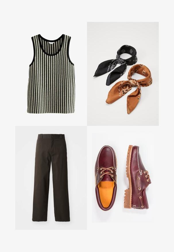 Schwarzes und weißes gestreiftes Tanktop mit Rundhalsausschnitt und ärmellosem Design. Die Textur weist abwechselnd dicke und dünne vertikale Linien auf.; Weißes Hemd mit klassischem Kragen, langen Ärmeln und abgerundetem Saum; verfügt über ein kleines oranges Logo auf der linken Unterseite.; Schwarze Baumwollhosen mit geradem Bein, ausgestattet mit einem Knopfverschluss und einem klassischen Bund. Glatte Textur, keine Muster oder Akzente.; Bordeauxfarbene Lederschuhe mit braunen Gummisohlen, runder Zehenform, weißen Nähten und goldenen Ösen. Das Innenfutter weist eine gelbe Beschichtung auf.; Zwei gemusterte Schals: einer schwarz mit weißen Designs, der andere braun mit orangefarbenen Akzenten. Beide sind aus Satin gefertigt und haben spitz zulaufende Enden.