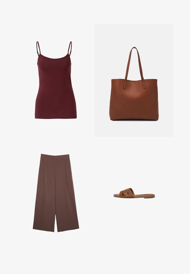 Burgundy cami top in smooth fabric featuring adjustable spaghetti straps and a fitted cut, with a straight hem.; Brown wide-leg trousers with a smooth texture, featuring a high waist and front pleats. The fabric is lightweight and flows loosely.; Brown leather slide sandal with crossed straps, flat sole, and a smooth texture. Simple design without embellishments or patterns.; Brown leather tote bag with a smooth texture, open top design, and two shoulder straps. Features minimal stitching and no visible hardware.
