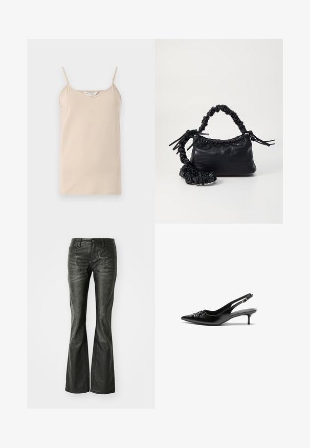 Top bej cu bretele subțiri și decolteu în V, realizat dintr-un material moale cu o textură netedă și tiv drept.; Jeans din piele ecologică negri, cu buzunare frontale, închidere cu buton metalic și o suprafață ușor texturată. Croială dreaptă cu tăiere lungă.; Cizme slingback din piele neagră, cu vârf ascuțit, toc mic de tip kitten heel și un detaliu decorativ sub formă de nod în față. Textură netedă pe întreaga suprafață.; Geantă din faux leather neagră cu textură de crocodil, cu partea superioară strânsă și o curea mototolită. Pare moale și compactă ca design.