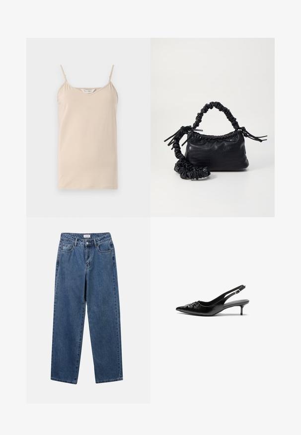 Top bej cu bretele subțiri și decolteu în V, realizat dintr-un material moale cu o textură netedă și tiv drept.; Jeans clasice din denim albastru, cu un design drept, cinci buzunare și închidere cu nasture. Prezentând o spălare medie și o textură rezistentă.; Cizme slingback din piele neagră, cu vârf ascuțit, toc mic de tip kitten heel și un detaliu decorativ sub formă de nod în față. Textură netedă pe întreaga suprafață.; Geantă din faux leather neagră cu textură de crocodil, cu partea superioară strânsă și o curea mototolită. Pare moale și compactă ca design.