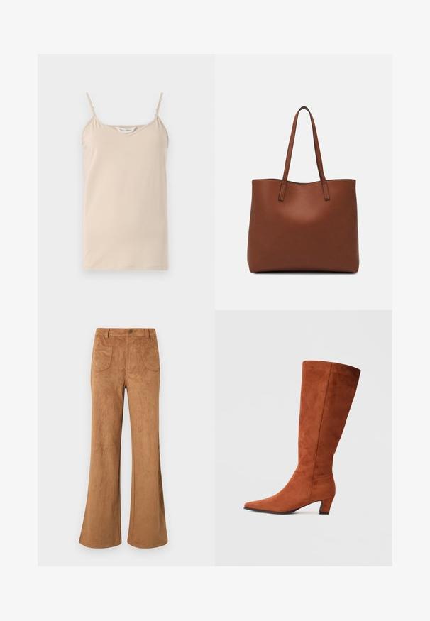 Béžová tielko s tenkými ramienkami a výstrihom do V, vyrobené z mäkkého materiálu s hladkou textúrou a rovnými okrajmi.; Hnedé zamkové nohavice s rozšíreným strihom, vysokým pásom, prednými a zadnými vreckami a hladkou textúrou. Navrhnuté pre voľný strih po celej dĺžke nohavíc.; Hnedé semišové vysoké čižmy po kolená s špicatou špičkou a malým blokovým podpätkom, s hladkou textúrou a minimalistickým dizajnom.; Hnedá kožená taška na rameno s hladkou textúrou, otvoreným vrchom a dvoma ramenými popruhmi. Má minimálne šitia a žiadne viditeľné kovania.