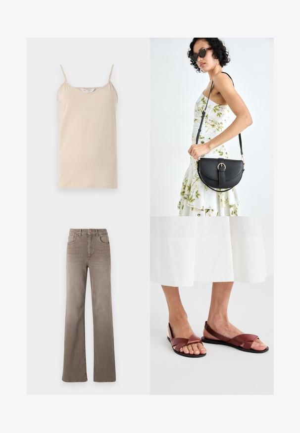 Beige camisole top with thin spaghetti straps and a V-neckline, made of soft fabric with a smooth texture and a straight hem.; Brown high-waist straight-leg jeans with front button, belt loops, and classic five-pocket design on a white background.; Brown leather sandals with crossed straps and open back, featuring a flat sole. The straps are smooth with a matte finish.; Black leather handbag with a curved shape, detachable strap, and gold hardware. The bag features a flap with a buckle detail.