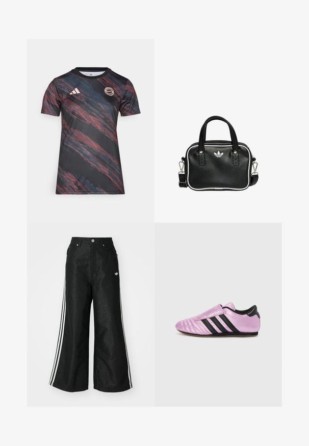 Musta urheilu t-paita, jossa on abstrakteja punaisia ja sinisiä viivoja, Adidas-logo, pyöreä kaula-aukko ja Bayern Münchenin emblem. Valmistettu sileästä kankaasta.; Mustat leveät farkut kolmella valkoisella raidalla jokaisella sivulla ja pienellä valkoisella logolla. Ominaisuuksiin kuuluvat etutaskut ja napitus.; adidas Originals TAEKWONDO W - Matalavartiset tennarit - purple bliss/lilac/core black; Musta nahkainen käsilaukku, jossa on kaksi lyhyttä kahvaa, hopeiset yksityiskohdat, valkoiset tehosteet ja valkoinen logo. Sisältää teksturoidun pinnan ja kompaktin muotoilun.