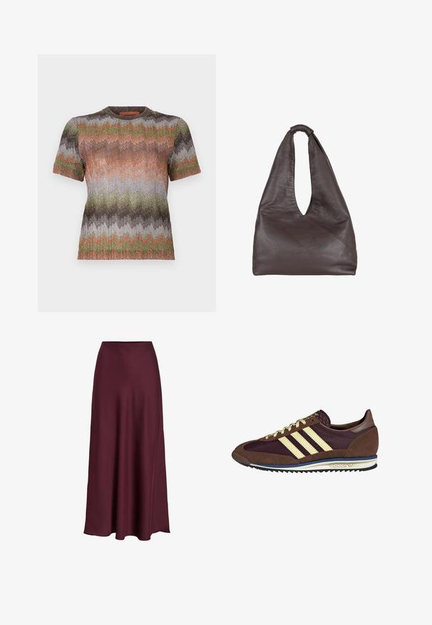 Short-sleeve top in a zigzag pattern with metallic threads. Colors include orange, green, brown, and silver. Round neck and textured finish.; Burgundy satin maxi skirt with a smooth texture, high waist, and a flowing silhouette that flares out gently towards the hemline.; Brown and burgundy sneaker with suede and mesh materials, featuring three cream stripes, textured fabric on the tongue, and a rubber sole.; Brown leather bag with a slouchy, oversized design. Features a loop handle and a deep V-cut opening for easy access. Soft texture, minimalist style.