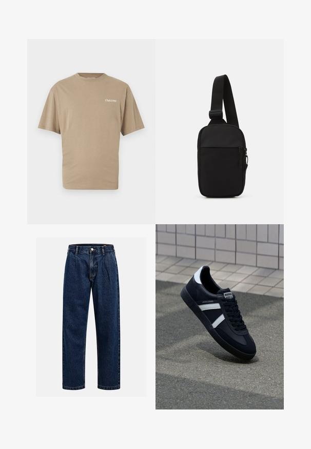 Beež puuvillane T-särk lühikeste varrukatega ja ümmarguse kaelusega. Vasakul rinnal on valge kiri "Club1990". Sile tekstuur, tavaline lõige.; Tumed sinine denimiteksad sirge lõikega. Omavad nähtavat tikandit, nuppe sulgemiseks ning ees olevaid voldikesi lisadetailiks.; Must have musta sneaker musta valgete triipudega, tekstuurne kummitald ja nööridega esiosa. Omab bränditud märki keele peal.; Mustmust crossbody kott mustekangast, millel on üks reguleeritav rihm, lukuga põhiosas ja eesmine tasku.