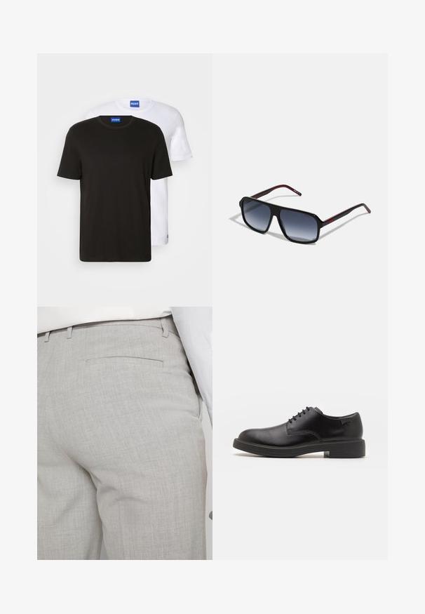 Kaks t-särki, üks must ja üks valge, valmistatud puuvillast. Igal särgil on ümmargune kaelus ja kaelusel on sinine logo.; Heledat hallid kohandatud püksid tekstuurse kangaga, millel on üks tagatasku ja puhas õmblus.; Must beemel levalis kingad ümarate varvastega, sileda pinnaga, minimaalsete õmblustega ja madala kummist kontsaga. Logo kontsa peal.; Mustade ristkülikukujulised prillid, millel on halli gradientiga läätsed. Ruuterite templitel on punased aktsendid ja sujuv plastraam.