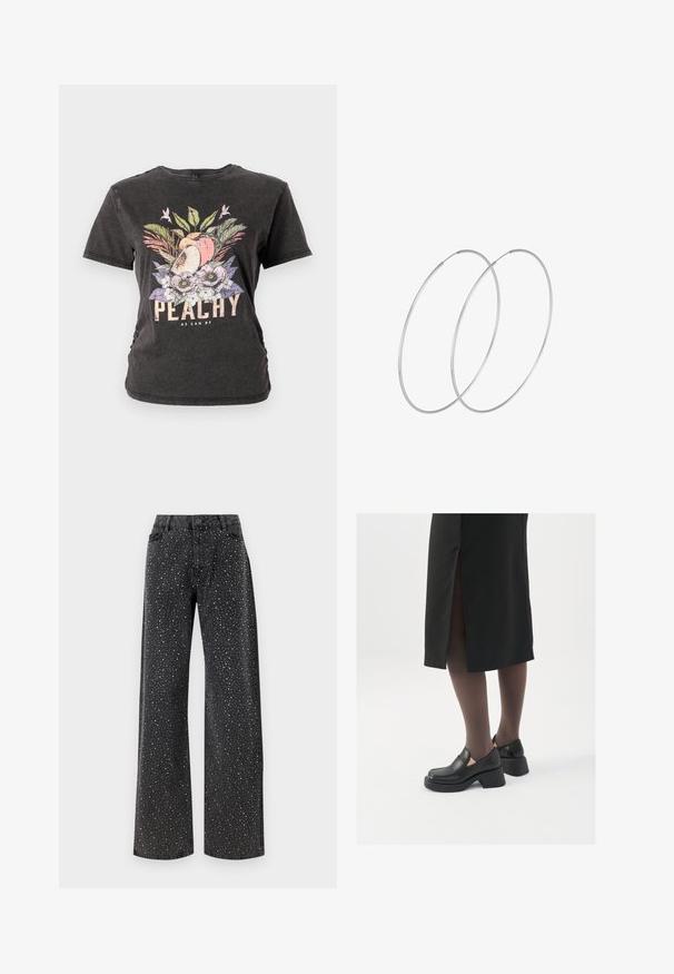 Tumehall t-särk lühikeste varrukatega, millel on värvikas lille- ja puuviljade graafika ning tekst "PEACHY AS CAN BE" paksude tähtedega.; Noisy May NMJANNEL LOOSE - Avar lõikega teksad - black denim; Mustad mustad jalatsid ümmarguse varbaga, paksu plokkniidi ja elastsete külgdetailidega, kombineeritud tumedate sukkade ja musta lõhikuga seelikuga.; Hõbedased rõngastikkaehingad minimalistlikus disainis. Ümar kuju, sile tekstuur ja õhuke profiil. Kerged ning poleeritud viimistlusega.