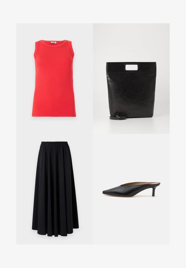 Piros ujjatlan felső ribbelt anyagból, kerek nyakkivágással és karcsú fazonnal. Minimalista dizájn, látható minták vagy díszítések nélkül.; Fekete, padlóhosszúságú szoknya puha anyagból, széles, ráncolt elasztikus derékpánttal és sima, áramló kialakítással. Nincsenek minták vagy díszek.; Fekete bőr mules cipők, hegyes orral és alacsony, blokk sarkú kialakítással. Simább textúrával és elegáns dizájnnal. Nyitott hátú, minimális részletezéssel.; Fekete bőr bevásárlótáska négyzet alakú fogantyúval, texturált felülettel és dombornyomott logóval. Tartalmaz egy levehető pántot.