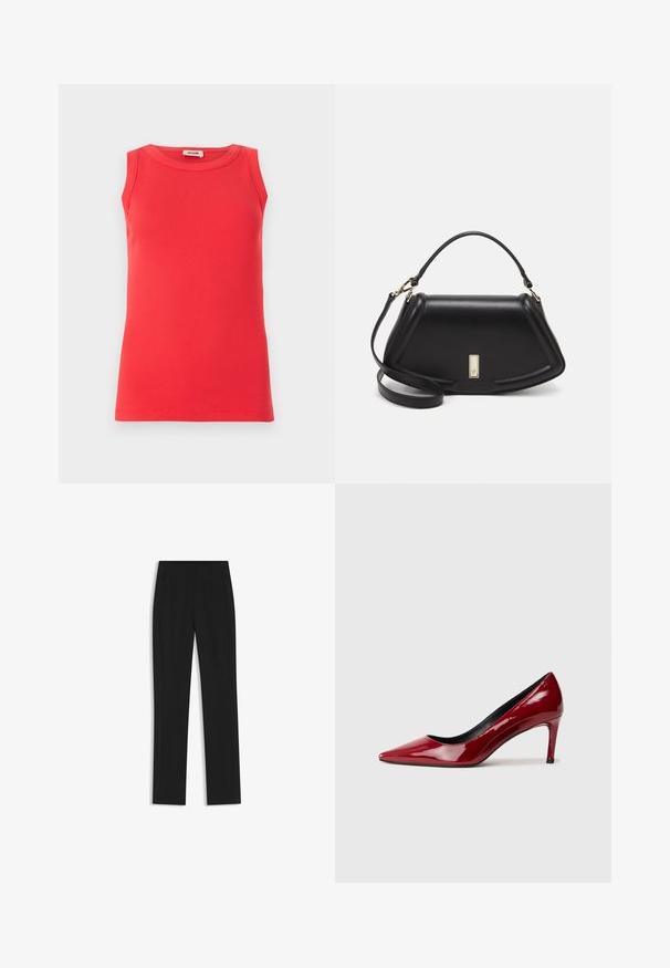 Rotes ärmelloses Top aus geripptem Stoff, mit Rundhalsausschnitt und figurbetontem Schnitt. Minimalistisches Design ohne sichtbare Muster oder Akzente.; Schwarze maßgeschneiderte Hose mit geradem Bein, ausgestattet mit Fronttaschen und einem glatten, strukturierten Stoff. Saubere, minimale Details.; Roter Lackleder-Hochschaftschuh mit spitzer Zehe und schlankem Absatz. Glatte Textur mit glänzender Oberfläche und schwarzem Innenfutter.; Schwarze Lederhandtasche mit einem strukturierten Design, das eine verkürzte Form, einen oberen Griff und goldfarbene Hardware-Details aufweist. Verstellbarer Schulterriemen ist enthalten.