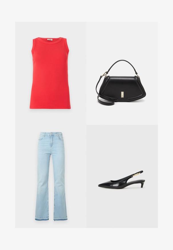 Rode mouwloze top van ribstof, met een ronde halslijn en een aansluitende pasvorm. Minimalistisch ontwerp zonder zichtbare patronen of accenten.; Lichtblauwe klokbroeken van denim, met een hoge taille, voorzakken en een ruwe zoom bij de boorden voor een casual uitstraling.; Zwarte leren slingback hakken met een spitse neus, voorzien van een slanke hak en een goudkleurige accent op de verstelbare band. Gladde textuur.; Zwarte leren handtas met een gestructureerd ontwerp, featuring een verkorte vorm, bovenhandvat en gouden hardwareaccent. Inclusief verstelbare schouderband.