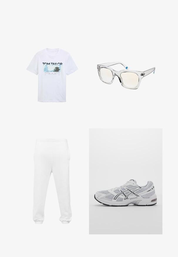 Witte katoenen T-shirt met een blauw en zwart grafisch ontwerp en tekst. Korte mouwen en een ronde hals, casual fit.; Witte sweatpants van zachte stof, met een elastische tailleband, zijzakken en elastische manchetten bij de enkels.; Witte mesh sport schoenen met grijze accenten, gestructureerd ontwerp, vetersysteem, gevoerde kraag en rubberen buitenzool voor grip.; Transparante zonnebril met licht getinte lenzen. Vierkante vorm, gladde textuur en blauwe accenten op de veertjes. Sterk en lichtgewicht materiaal.
