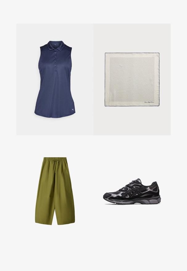 Tamnoplava bezrukava polo majica od glatkog materijala, s dugmetima i suptilnim logotipom u donjem desnom kutu.; Maslinasto zelene hlače širokog kroja s elastičnim pojasom i vezicom. Izrađene od lagane tkanine, s dva bočna džepa.; Crne atletske tenisice s gornjim dijelom od mrežaste tkanine i antilopa, koje se odlikuju teksturiranim dizajnom i čvrstim, pufastim sivim potplatom.; Svila šal u krem boji s tamnoplavim obrubom, ukrašen ravnomjerno raspoređenim tamnoplavim točkicama koje tvore uzorak. Potpis tiskan u kutu.