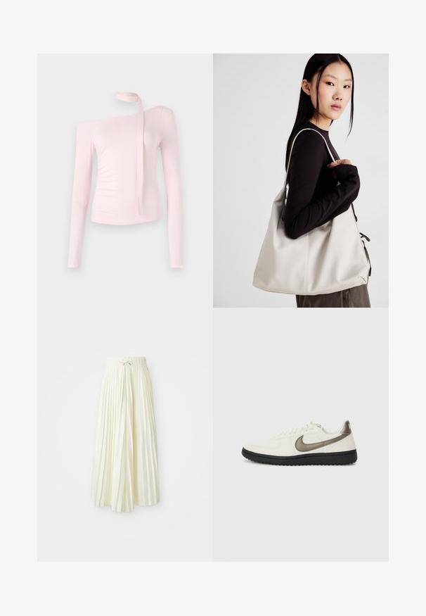 Pink long-sleeve top with an off-shoulder design, featuring a tied detail at the neck and a fitted texture that emphasizes the silhouette.; Pleated midi skirt in light yellow fabric, featuring an elastic waistband with a tie, smooth texture, and vertical stripes for added detail.; Nike Sportswear FIELD GENERAL - Trainers - off-white/black; Beige handbag made of soft material, featuring a slouchy design, stitched detailing, and two shoulder straps. Suitable for everyday use.
