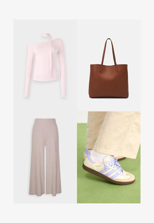 Rausvai ilgomis rankovėmis marškiniai su nugaros apnuoginimu, kuriuose yra raištelis kaklo srityje ir tampriai prigludusi tekstūra, pabrėžianti siluetą.; Šviesiai pilki plačios kojų kelniai, pagaminti iš minkštos, ruoželinės medžiagos, su aukštu liemeniu ir pilno ilgio kojomis, švelnia tekstūra.; Kreminės ir levandų spalvos sportbačiai su trims juostelėmis ir tekstūruota ruda padais, su raišteliais ir paminkštintu kulnu. Minkšta medžiaginė viršutinė dalis.; Ruda odinė priekabų krepšys su glotnia tekstūra, atviru viršumi ir dviem petnešomis. Su minimalia siuvimo detalėmis ir nematoma aparatūra.