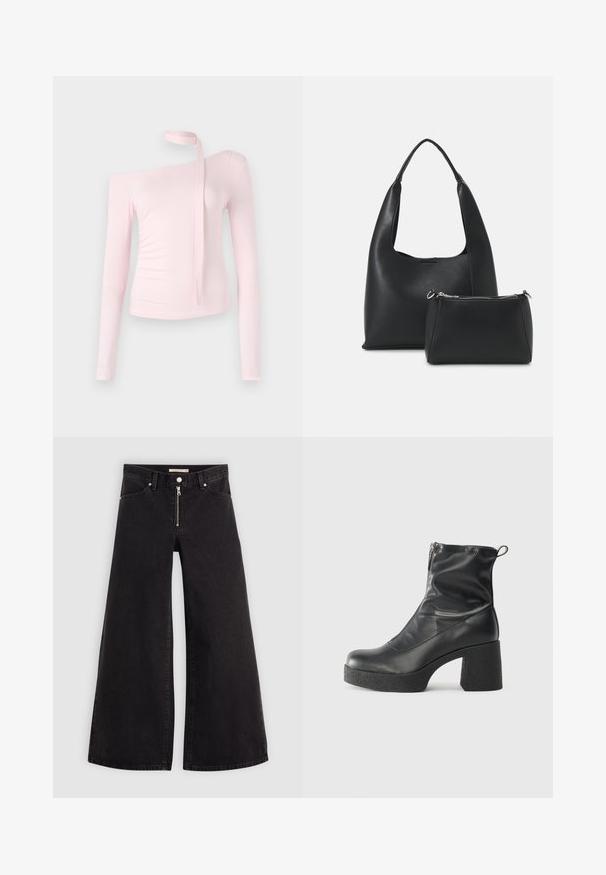 Ružičasta majica dugih rukava s off-shoulder dizajnom, značajna vezanjem na vratu i prilagođenom teksturom koja naglašava siluetu.; Široke traperice od crnog denima s prednjim zatvaračem, dizajnom s pet džepova i suptilnim detaljima šivanja. Glatka tekstura i ležeran stil.; Crne gležnjače od glatke kože, s bočnim zatvaračem, debelim teksturiranim potplatom i dizajnom s zaobljenim prstima.; Even&Odd Ručna torba - black