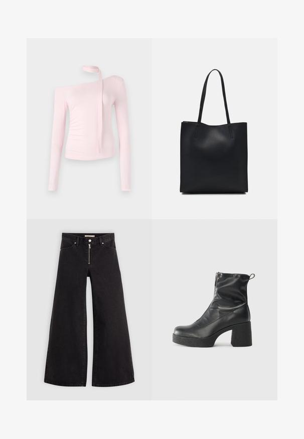 Pink long-sleeve top with an off-shoulder design, featuring a tied detail at the neck and a fitted texture that emphasizes the silhouette.; Wide-leg jeans in black denim with a zippered front, five-pocket design, and subtle stitching details. Smooth texture and casual style.; Black ankle boots made of smooth leather, featuring a side zipper, chunky textured heel, and rounded toe design.; Black leather tote bag with smooth texture, rectangular shape, and two long handles. No visible hardware or embellishments.
