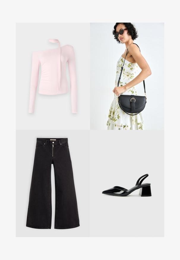 Pink long-sleeve top with an off-shoulder design, featuring a tied detail at the neck and a fitted texture that emphasizes the silhouette.; Wide-leg jeans in black denim with a zippered front, five-pocket design, and subtle stitching details. Smooth texture and casual style.; Black patent leather slingback heels with a pointed toe and a geometric block heel. Features a sleek, minimal design and smooth texture.; Black leather handbag with a curved shape, detachable strap, and gold hardware. The bag features a flap with a buckle detail.