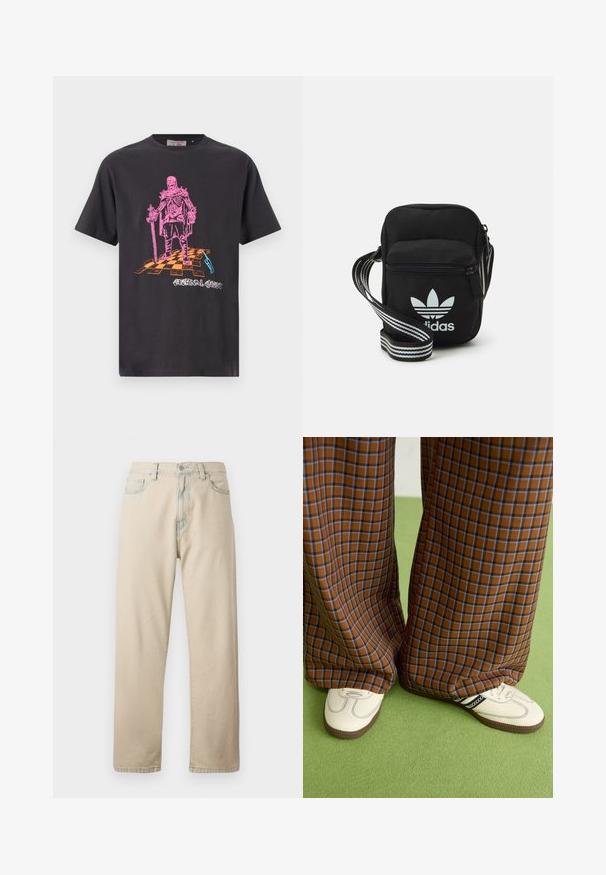 Black cotton T-shirt featuring a vivid pink skeleton graphic standing on a checkered pattern with the text "ETERNAL GHOST" in stylized font.; Light beige denim jeans with a straight leg, five pockets, and a button closure. Features subtle fading on the fabric and a classic design.; Brown and blue plaid wide-leg trousers paired with white shoes featuring black accents and textured soles, set against a green background.; Black fabric crossbody bag with a zipper closure, featuring a white Adidas logo and a striped adjustable strap for easy carrying.