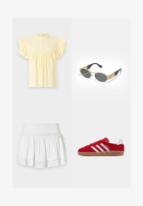 Világos sárga blúz, magas fodros nyakkal, rövid fodros ujjakkal és vízszintes textúravonalakkal rendelkező ráncolt bodiccsel.; Pöttyös piros és fehér kockás anyagú felső, négyzet alakú nyakkivágással, redőzött kialakítással, állítható piros masnival és fehér csipke díszítéssel a szélén.; Fehér, réteges szoknya rugalmas derékpánttal, texturált smokk részlettel és dekoratív szalaggal. Pamut anyag.; Piros velúr sneaker fehér háromcsíkos dizájnnal és arany "Gazelle" felirattal. Gumi talppal és texturált sarokkal rendelkezik.; Ovális napszemüveg aranyszínű fémből készült kerettel és szürke lencsékkel. Fekete acetát karokkal rendelkezik, aranyszínű díszítéssel és logorésszel az oldalán.; Sárga nubuk hobo táska sima textúrával, széles nyílással, és barna bőrszegéllyel a tetején. Ezüst színű cipzár húzóval rendelkezik.; Rózsaarany nyaklánc hattyú medállal, amelyet tiszta kristályok díszítenek. A lánc finom láncszemes kialakítású.