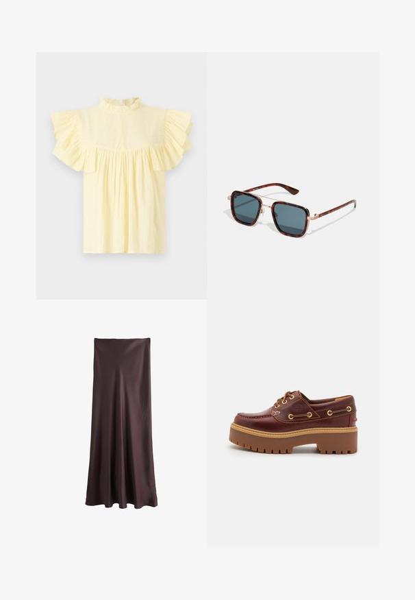 Blusa giallo chiaro con colletto alto a volant, maniche corte a volant e corpino arricciato con righe di texture orizzontali.; Gonna marrone lunga fino al pavimento realizzata in tessuto leggero e morbido. Presenta un design semplice e fluente senza motivi o accenti visibili.; Scarpa da barca in pelle marrone con suola in gomma marrone robusta, occhielli dorati e cuciture a contrasto. Presenta un logo sul lato.; Occhiali da sole tartarugati con lenti grigie scure, forma quadrata, dettagli in metallo dorato e steli sottili con un particolare motivo a strisce.