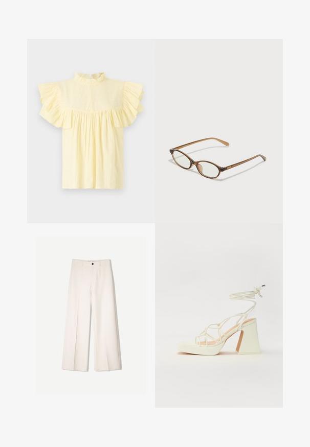 Svijetložuta bluzica s visokim nabranim izrezom, kratkim nabranim rukavima i sklopljenim ostatkom sa horizontalnim teksturama.; Kreme hlače širokih nogavica s krojem koji je prilagođen, s dva prednja džepa i jednim prednjim zatvaranjem na gumb, izrađene od glatkog materijala.; Bijela sandala na visokoj potpetici s debelim petom, s remenom i vezanjem oko gležnja. Glatka tekstura s platformom sprijeda za dodatnu visinu.; Smeđe skupe naočale s ovalnim lećama, tankim drškama i prozirnim akcentima. Ima suptilan logo na sljepoočnici. Elegantan, lagan dizajn.