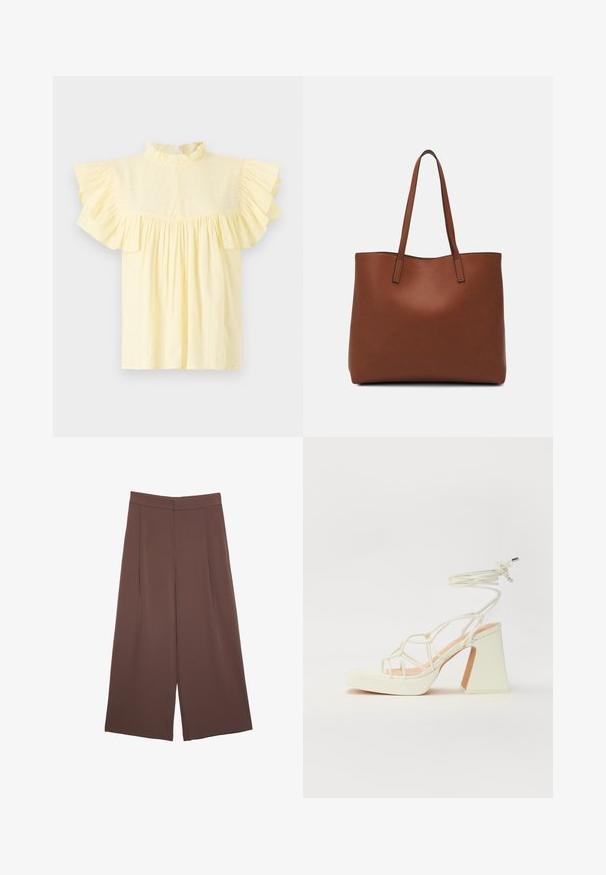 Blouse jaune clair avec un col froncé haut, des manches courtes froncées et un corsage froncé avec des lignes de texture horizontales.; Pantalons larges marron avec une texture lisse, dotés d'une taille haute et de plis à l'avant. Le tissu est léger et tombe de manière fluide.; Sandale blanche à talons hauts avec un talon épais, présentant un design à lanières et un lien autour de la cheville. Texture lisse avec une plateforme à l'avant pour une hauteur supplémentaire.; Sac fourre-tout en cuir marron avec une texture lisse, design à ouverture supérieure et deux poignées pour le porter à l'épaule. Présente des coutures minimales et aucun matériel visible.