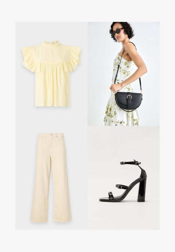 Blusa amarelo claro com um alto colarinho franzido, mangas curtas com franjas e um corpo franzido com linhas de textura horizontais.; Jeans de perna larga bege feitos de algodão. Apresentam um fecho de botão, passadores para cinto e bolsos frontais com uma textura lisa e suave.; Sandálias de tacão preto laqueadas com bico quadrado, tiras para o tornozelo e fivelas prateadas. Apresentam um salto bloco chunky para estabilidade.; Bolsa de couro preta com forma curva, alça destacável e detalhes em dourado. A bolsa possui uma aba com detalhe de fivela.