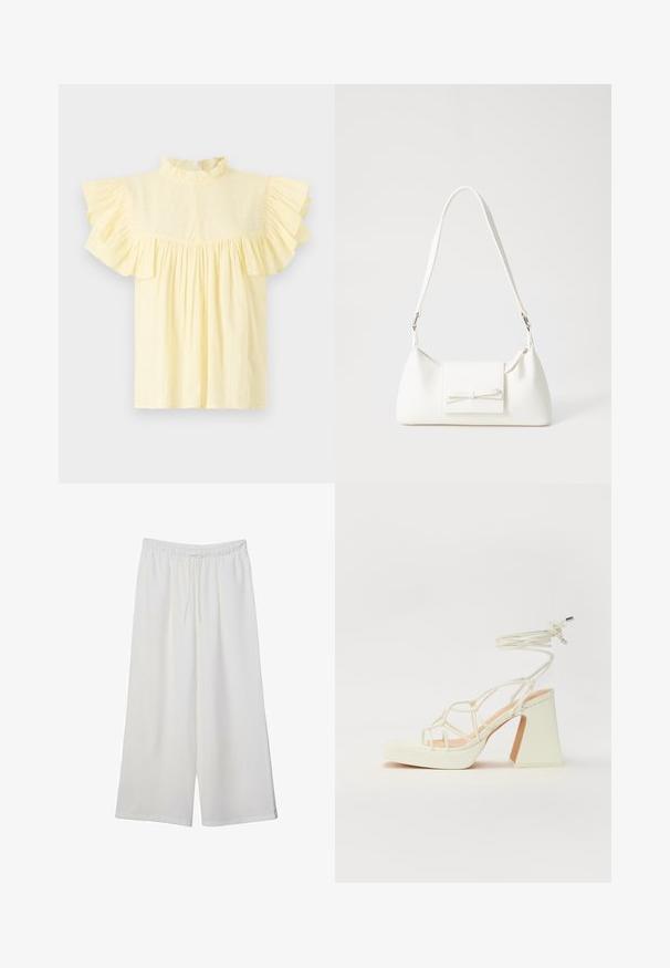 Jasnożółta bluzka z wysokim falbanym dekoltem, krótkimi falbanymi rękawami oraz zbieraną częścią w bodziaku z poziomymi liniami tekstury.; Białe szerokie spodnie wykonane z lekkiego materiału, z elastyczną talią i sznurkiem do regulacji fasonu. Gładka tekstura.; Biała sandał na wysokim obcasie z masywnym słupkiem, z paskowym wzorem i wiązaniem przy kostce. Gładka faktura z platformą z przodu dla dodatkowej wysokości.; Biała syntetyczna torba o trójkątnym kształcie, płaskim przednim klapce i detalach w postaci kokardy, regulowanym pasku, gładkiej fakturze oraz minimalistycznym designie.