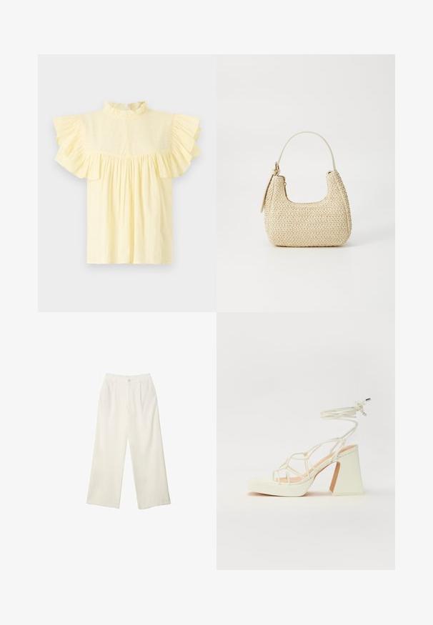 Hellgelbe Bluse mit hohem, gerafftem Kragen, kurzen, gerafften Ärmeln und einem gerafften Oberteil mit horizontalen Texturlinien.; Helle Stoffhose mit weitem Bein und glatter Textur, ausgestattet mit einem einzelnen Knopf vorne, dezenten Falten und einem Hochbund-Design.; Weiße High-Heel-Sandale mit einem klobigen Absatz, die über ein Riemchendesign und ein Knöchelband verfügt. Glatte Textur mit einer Plattform vorne für zusätzliche Höhe.; Beige geflochtene Strohtasche mit geschwungener Form, einem kurzen Griff und einem seitlichen Reißverschluss. Verfügt über eine strukturierte Oberfläche und ein minimalistisches Design.