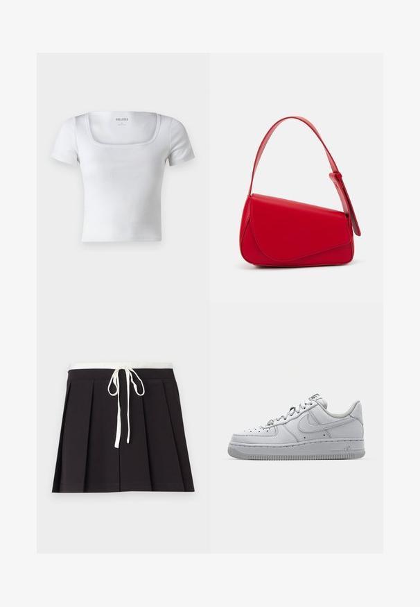 Hollister Co. SQUARE - T-paita - bright white; Mustasa raija, jossa on valkoinen kudottu nyörivyö. Valmistettu pehmeästä kankaasta, jossa on sileä pinta ja yksinkertainen, klassinen muotoilu.; Valkoinen nahkakenkä matalalla designilla, pyöreällä varvalla, rei'itettyjen yksityiskohtien kanssa ja teksturoidulla kumipohjalla. Varressa harmaita yksityiskohtia.; Punainen nahkalaukku, jossa on kulmikas, geometrinen muotoilu. Varustettu yhdellä säädettävällä hihnalla ja läpällä, jossa on ommeltu yksityiskohtia.