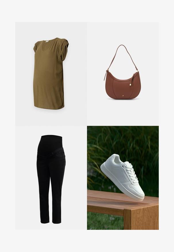 Olivovozelený tehotenský top s výstrihom do V, plisovanými krátkymi rukávmi a štruktúrovanou látkou. Voľný strih s zakriveným lemom.; Čierne tehotenské džínsy s elastickým vysokým pásom a úzkymi nohavicami, navrhnuté pre pohodlie a podporu počas tehotenstva.; Biele tenisky s hladkým syntetickým zvrškom, perforovanou špičkou, plochými šnúrkami a textúrovanou podrážkou, vystavené na drevenej ploche.; Hnedá umelá kožená taška cez rameno s zakriveným tvarom, minimalistickým šitím a zlatými akcentami. Obsahuje zips na vrchu a nastaviteľný popruh.